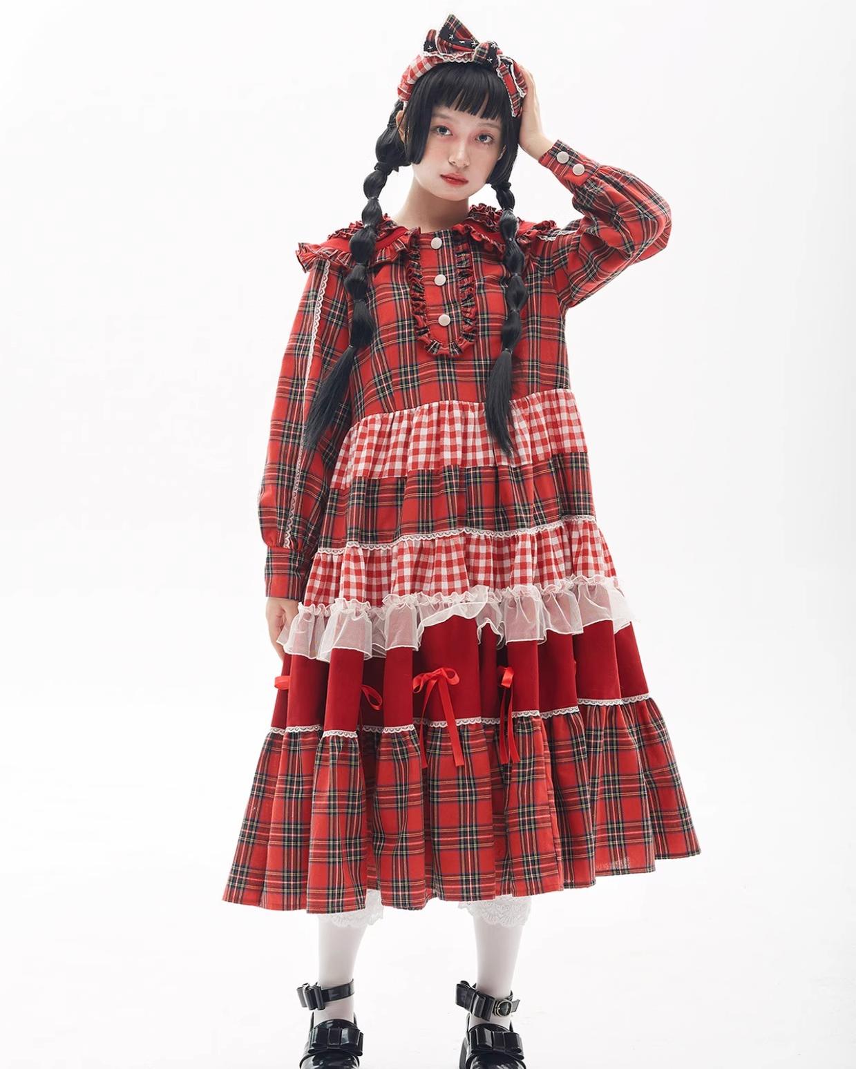 Sweet Lolita Dress Kawaii Dress Retro Dress Red Plaid Dress 36148:542890