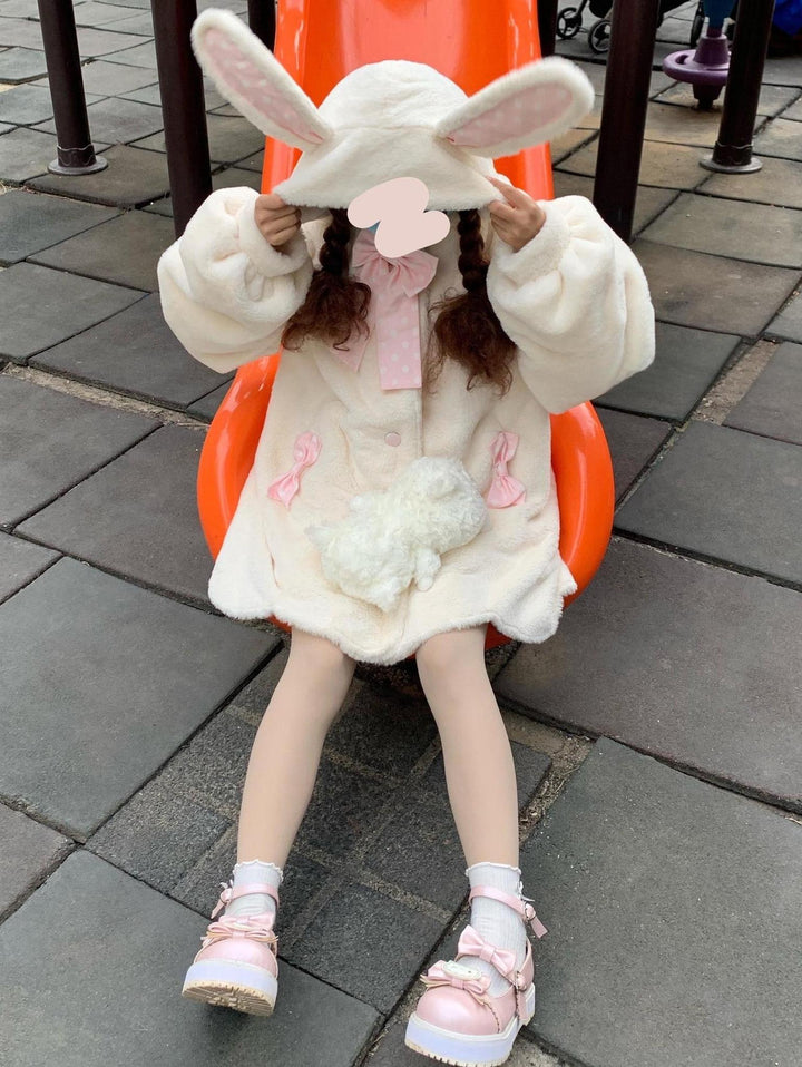 Jirai Kei Coat Sweet Bunny Ear Hoodie Long Fleece Coat 40938:682324