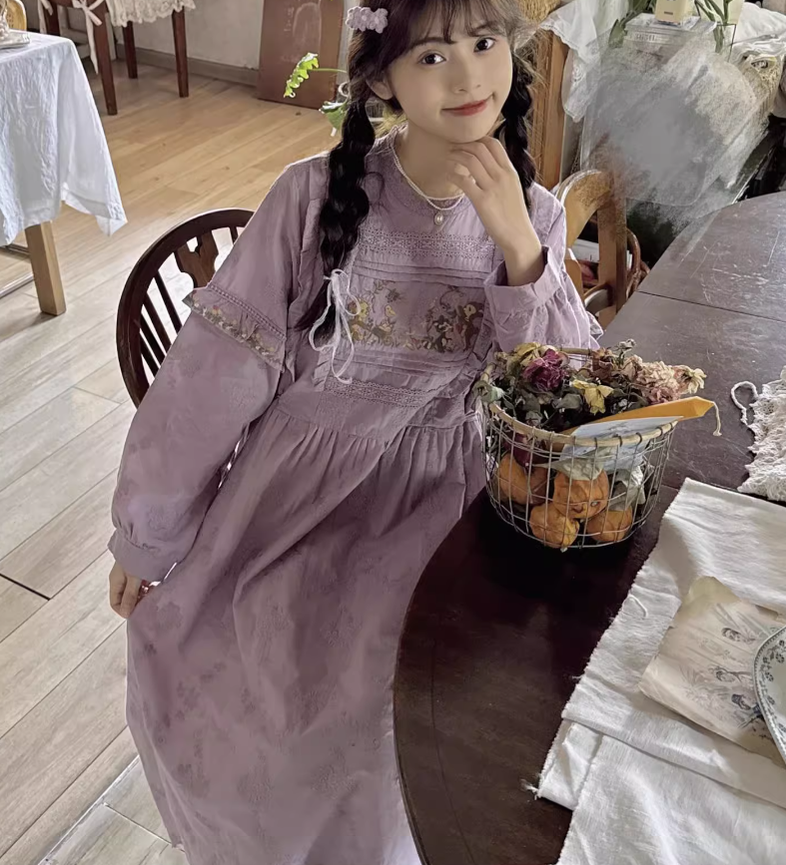 Mori Kei Dress Cottagecore Dress Purple Embroidered Dress 36248:534792