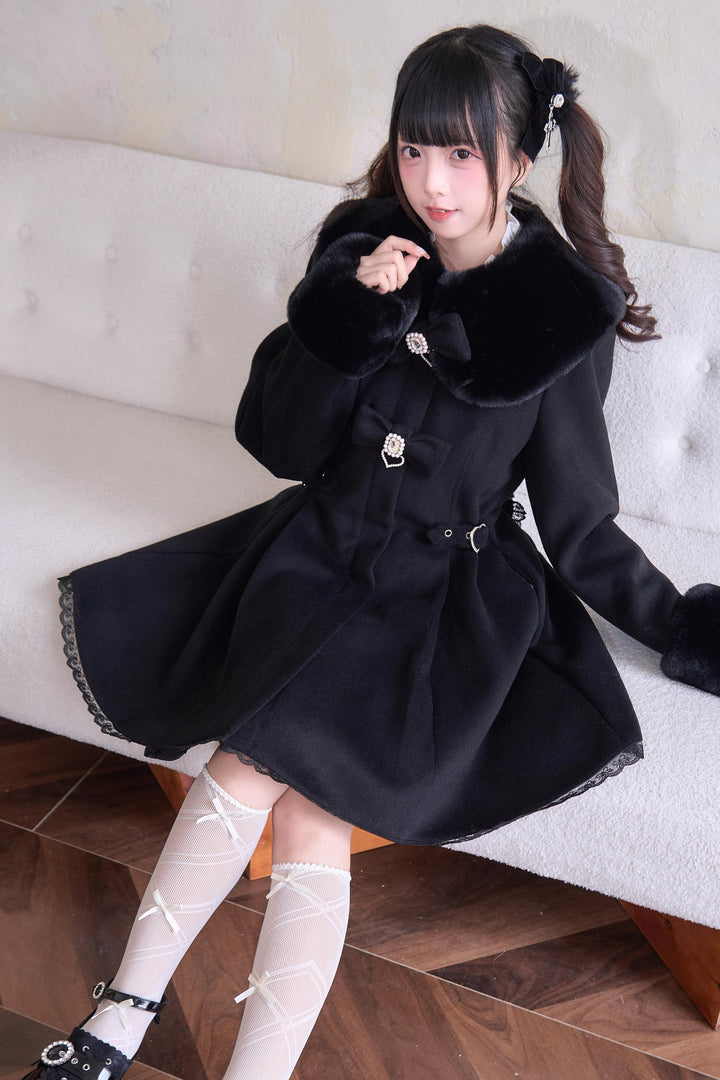 Jirai Kei Winter Coat Fur Collar Lace Coat With Bows 41410:698150