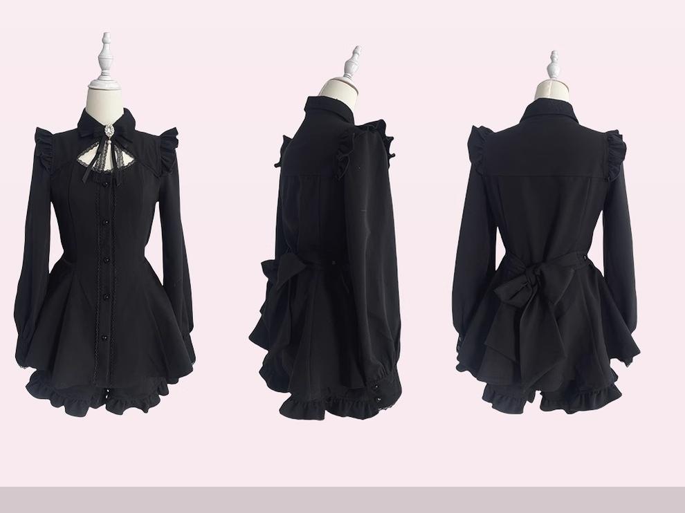 Jirai Kei Dress Set Black Wine Red Lace Trims Long Sleeve Set 35308:492910