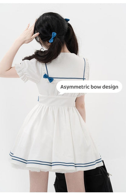 Preppy Dress Sailor Collar Dress White Short Sleeve Dress 36416:574344