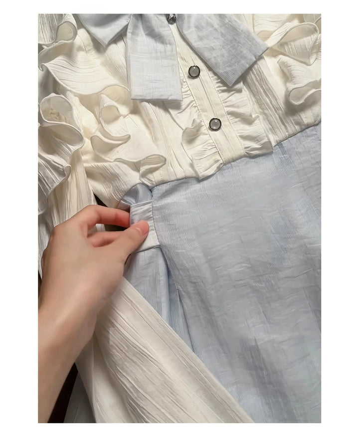 Seiso Kei Open Shoulder Dress, Blue & White Color Spliced 45752:861431