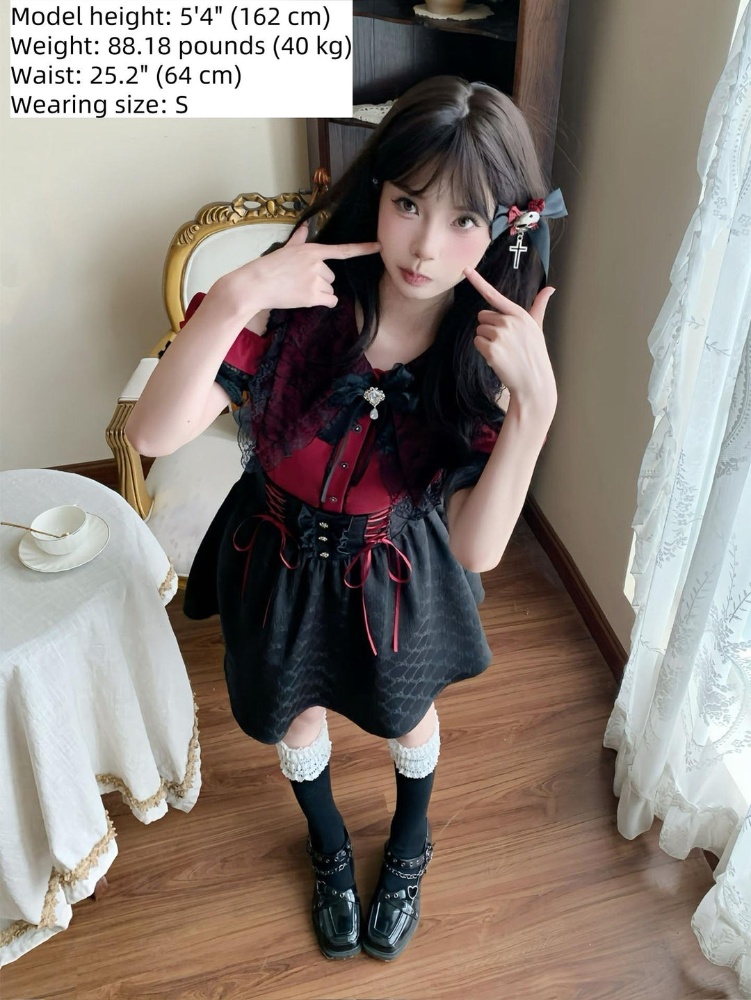 Black and Red Jirai Kei Set Up, Lace Pointed Collar 43726:783606