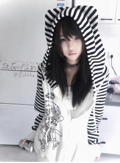 Yami Kawaii Coat Black White Striped Sweater Cat Ear Hoodie 40028:648922