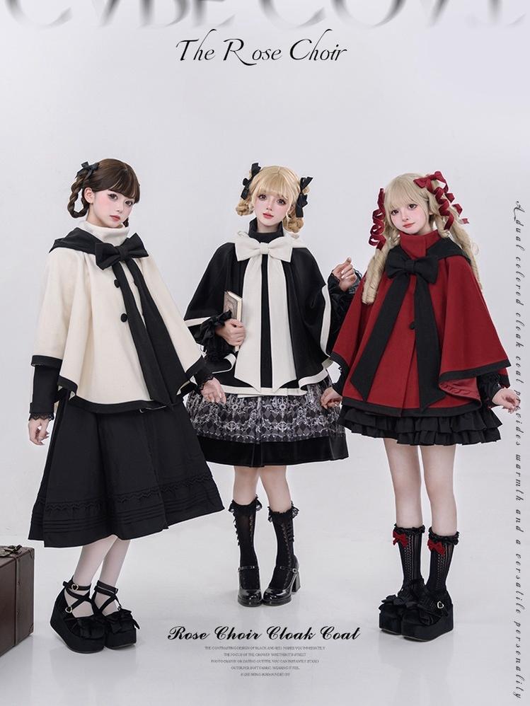 Elegant Lolita Winter Coat Black and White Camellia Cape 40284:658396