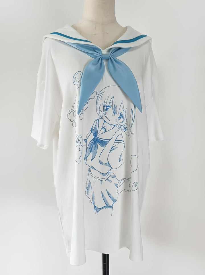 Cotton Tenshi Kaiwai Sailor Collar T-Shirt with Anime Girl Print (L M) 43094:765446