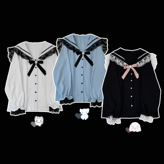 Jirai Kei Black Blue White Blouse With Sailor Collar 21812:317938