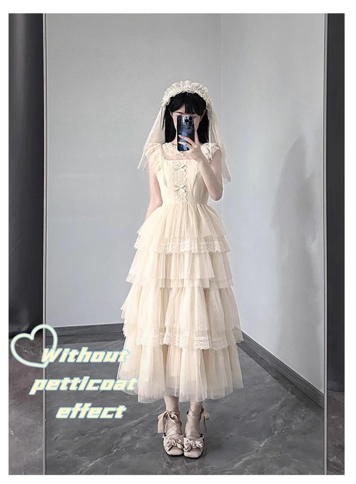 Classic Lolita Dress With Large Flounce Hem And Beige Puff Sleeves Shirt 38068:608798