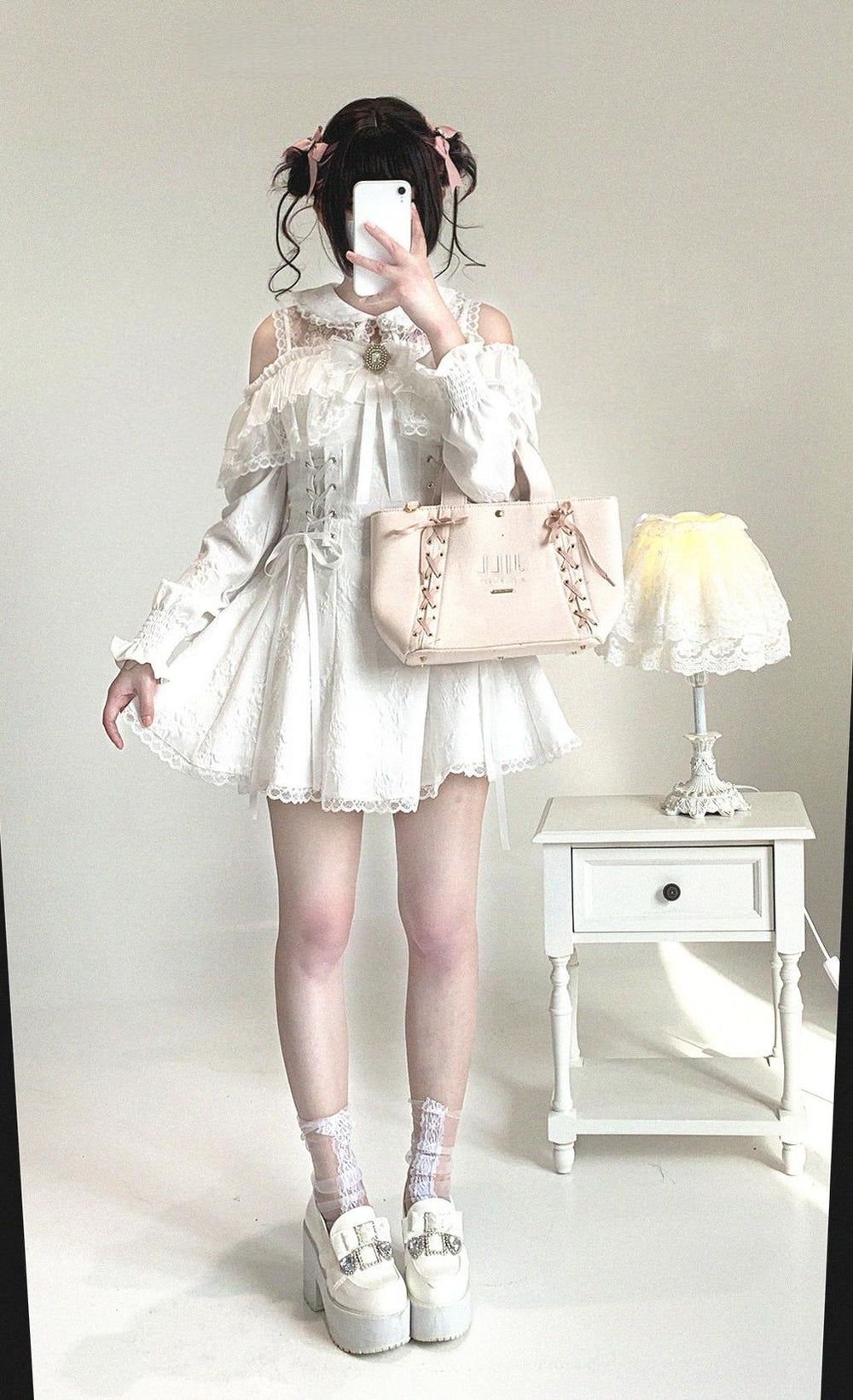 Jirai Kei Open-Shoulder Dress, Bust Lace Flounce Hem 44468:809981