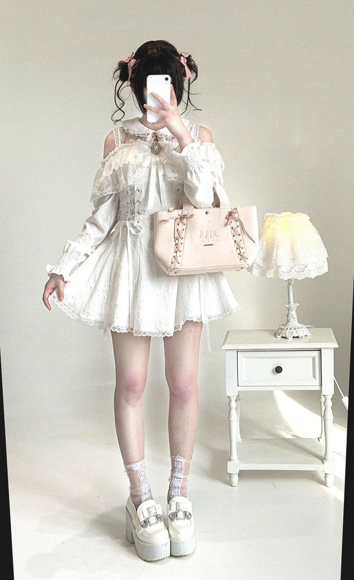 Jirai Kei Open-Shoulder Dress, Bust Lace Flounce Hem 44468:809981