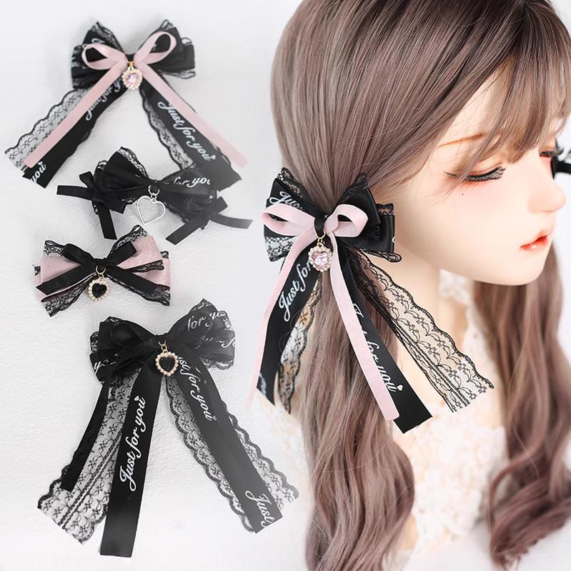 Jirai Kei Black Pink Hair Pin Lace Ribbon Hair Clip 22536:322352