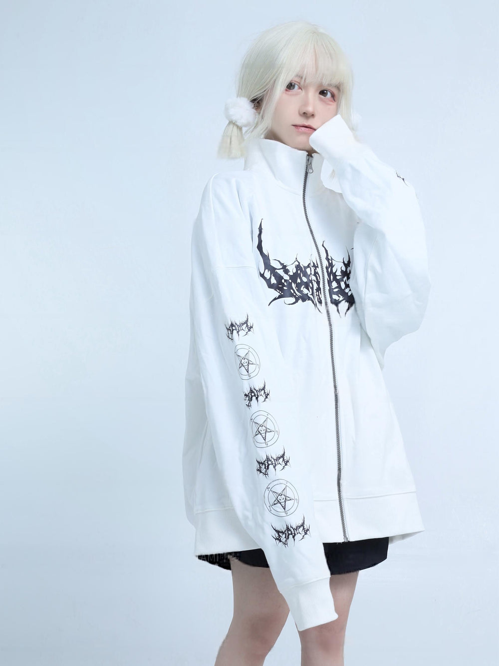 Black & White Jirai Kei Coat Gothic Punk Zipper Sweatshirt 42453:743325