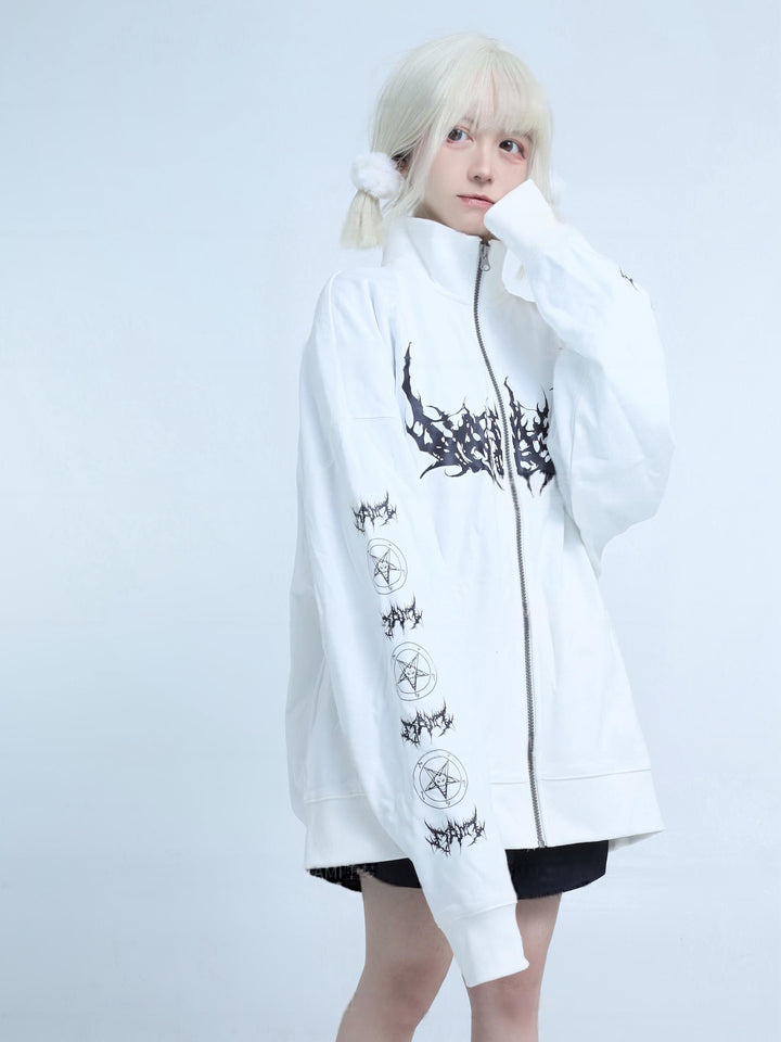 Black & White Jirai Kei Coat Gothic Punk Zipper Sweatshirt 42453:743325