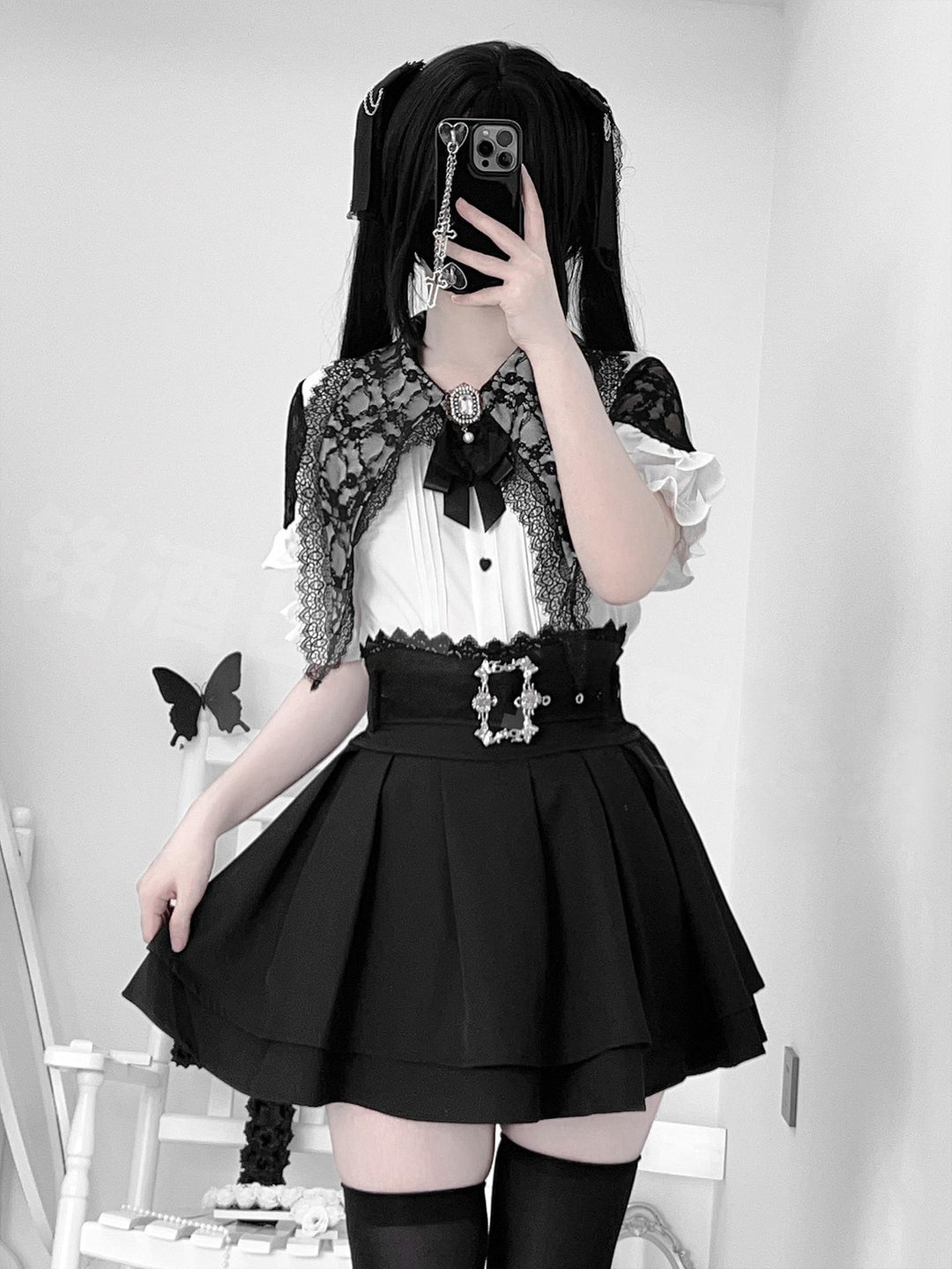 Jirai Kei Lace Capelet Blouse, High Waist Skirt Set 45651:857075