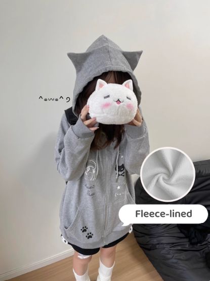 Yami Kawaii Coat Skull Cat Print Grey Hoodie Jacket (L M S) 39706:647006