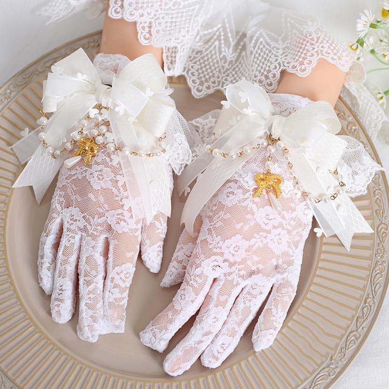 Lolita White Black Gloves With Lace Bow 22546:321890 22546:321890