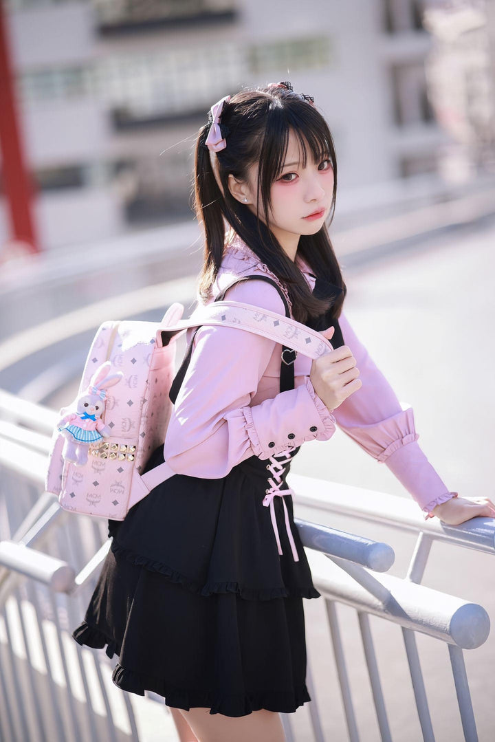 Jirai Kei Blouse Pink Blue Shirt Black Lace Up Skirt 21832:760689