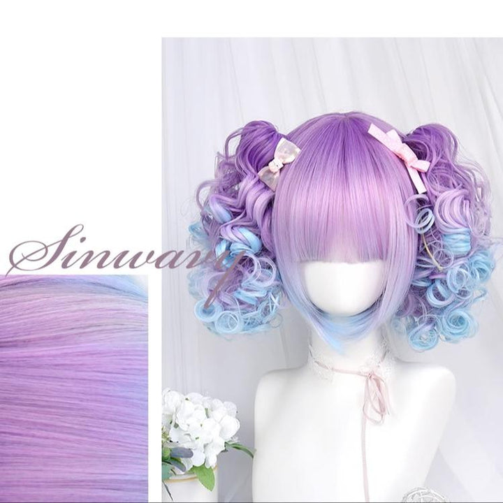 Lolita Wig Blue-Purple Bob Haircut Claw Clip Ponytails 39346:635526