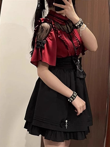 Plus Size Jirai Kei Set Up Gothic Blouse And Skirt Set 35596:538258