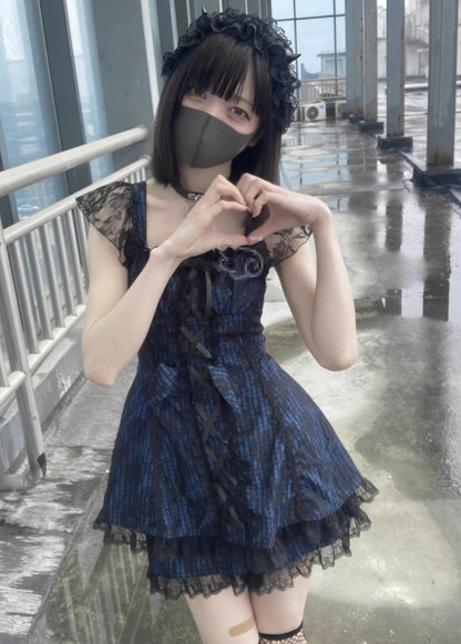 Jirai Kei Dress Set Blue Plaid Flying Sleeve Dress 35266:485332