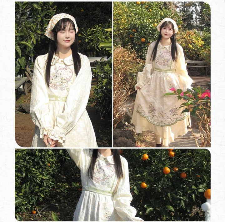 Cottagecore Dress Mori Kei Dress Set Embroidered Cotton Set 36238:527632 36238:527632