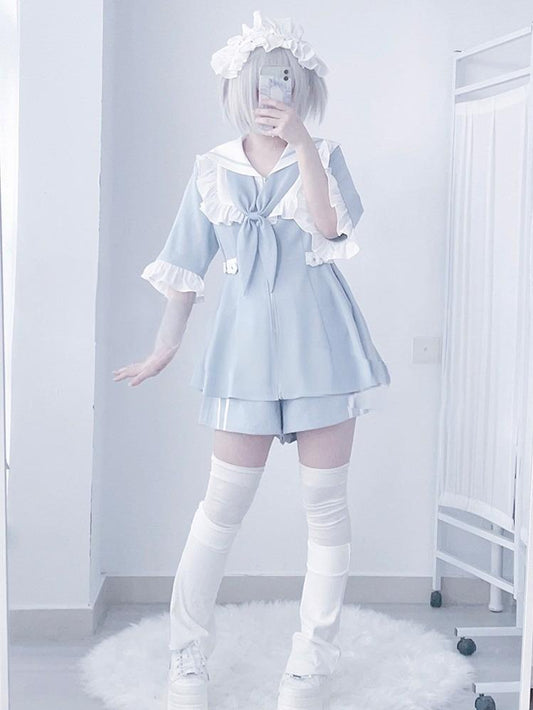 Jirai Kei Set Up Blue Lace Dress And Shorts Set (M S XL) 37046:546726