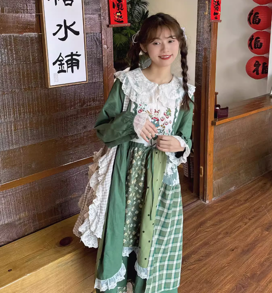 Cottagecore Dress Mori Kei Dress Green Floral Patchwork Dress 36226:525212