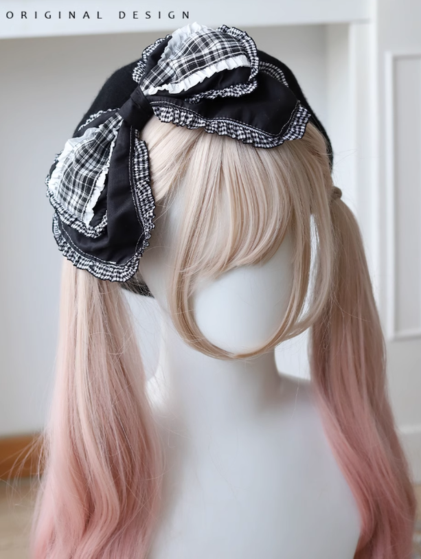 Lolita Beret Retro Bow Hat Black And White Plaid Hat 39650:635544