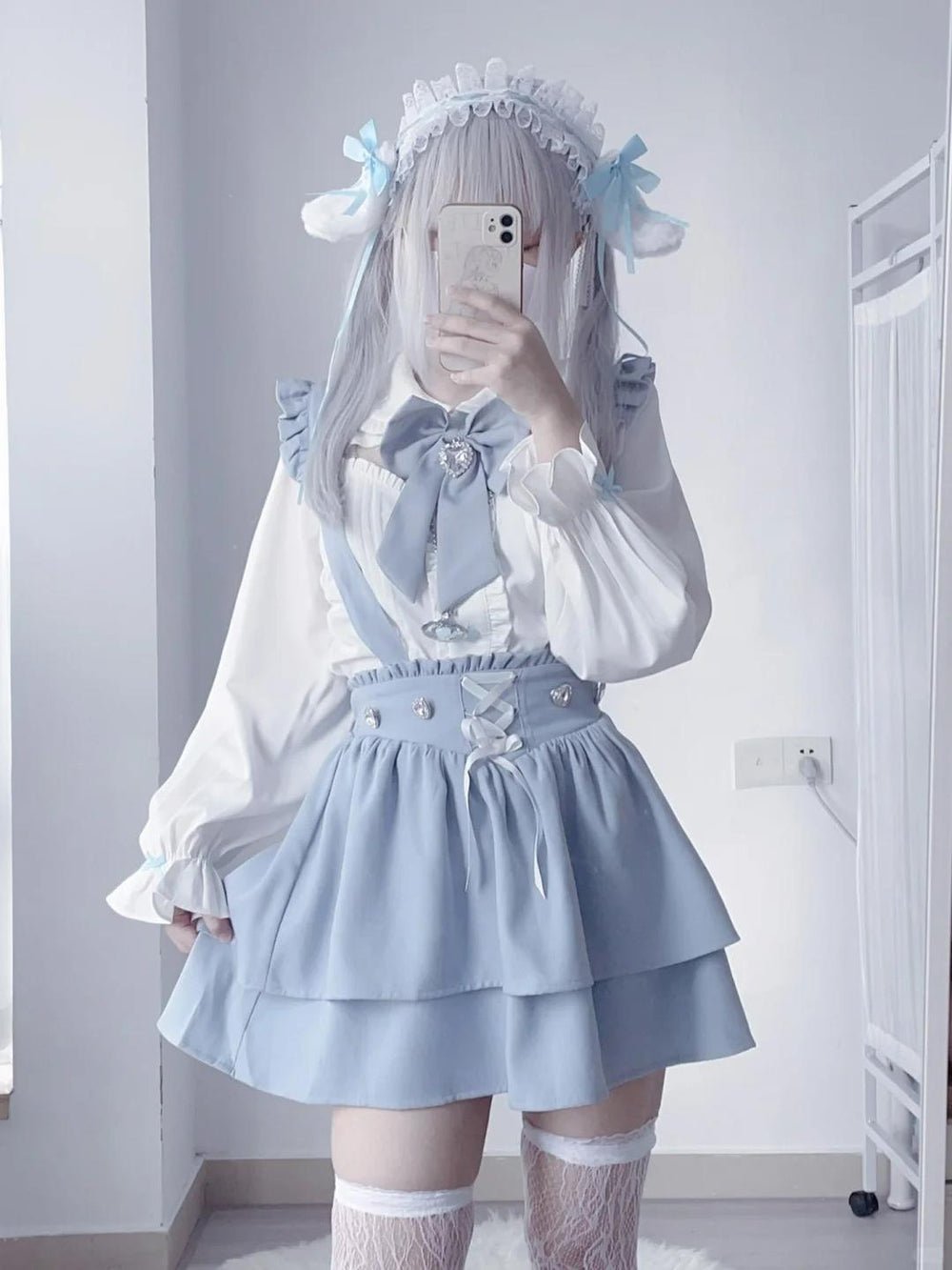 Jirai Kei White Blouse Lace-up Suspender Skirt 21838:760777