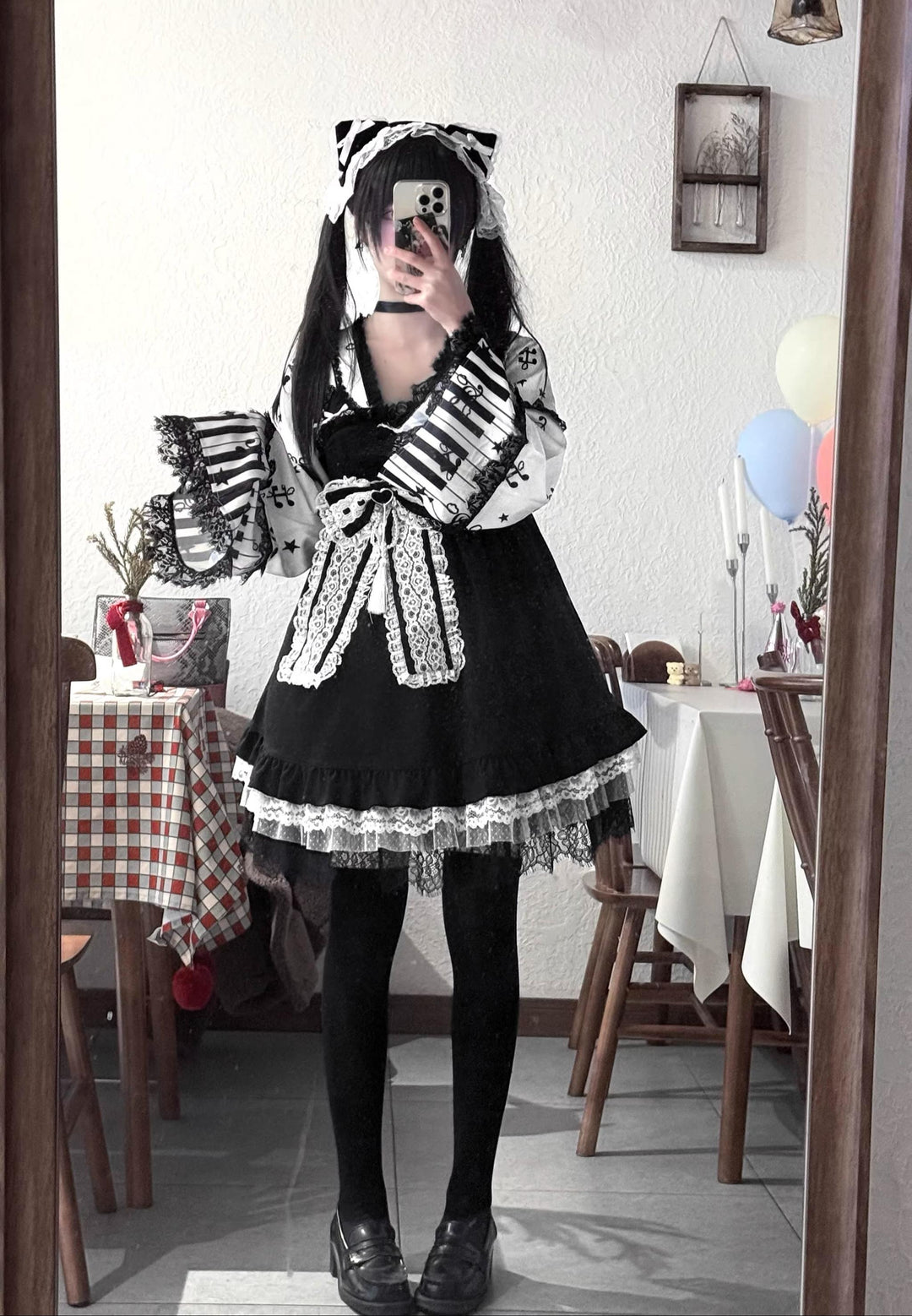 Musical Note Print Yukata Dress, Cat Ear Hairband 44946:831271