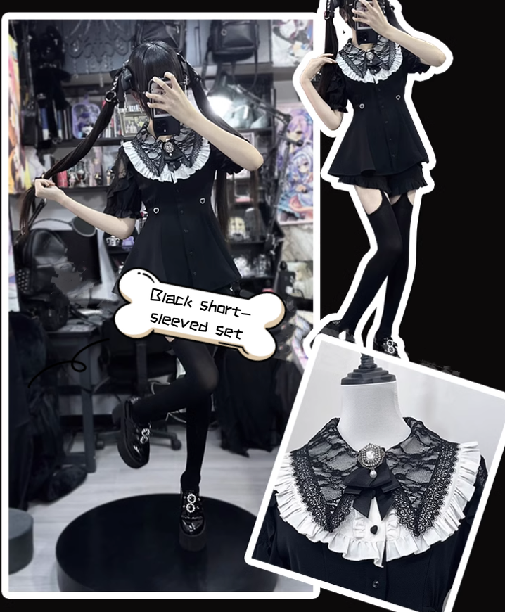 Jirai Kei Outfit Set Black Lace Dress And Shorts Set 39504:628768