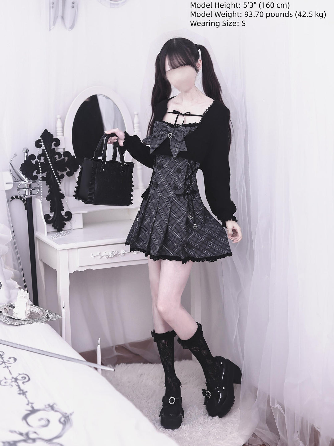 Jirai Kei Plaid Dress with Bolero, Pleated Hem 45934:869207