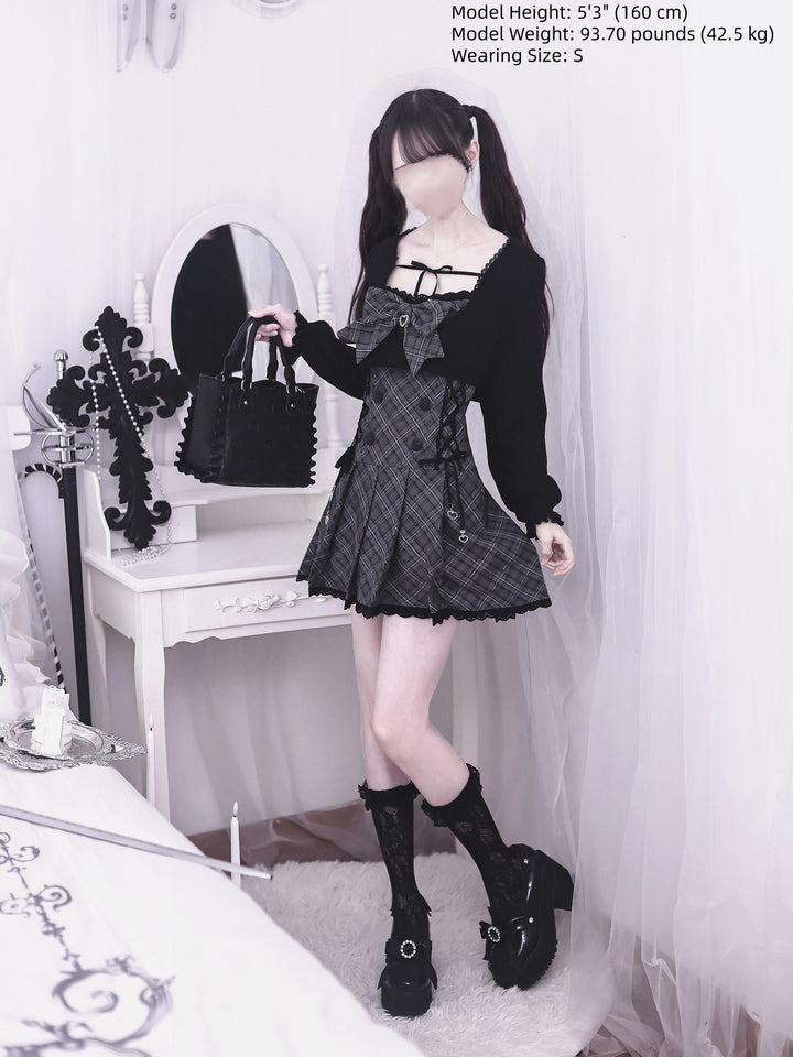 Jirai Kei Plaid Dress with Bolero, Pleated Hem 45934:869207