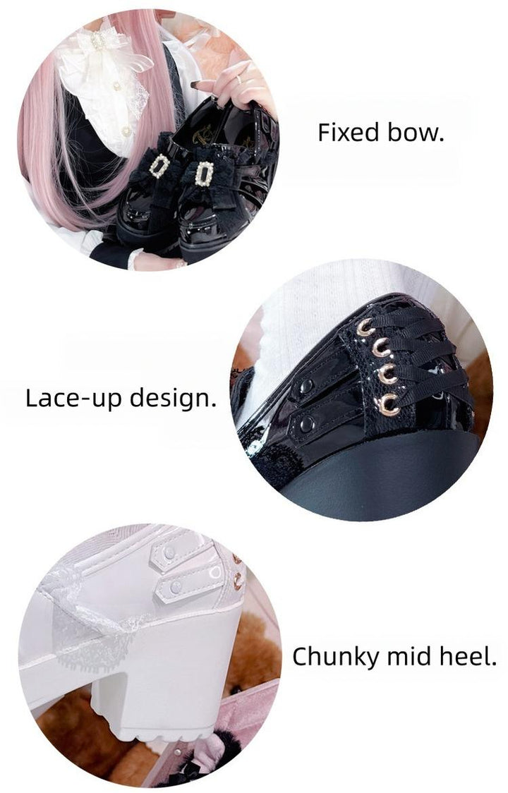 Jirai Kei Slip-On Chunky Heeled Shoes, Pearl Decorated Bow 45867:867950
