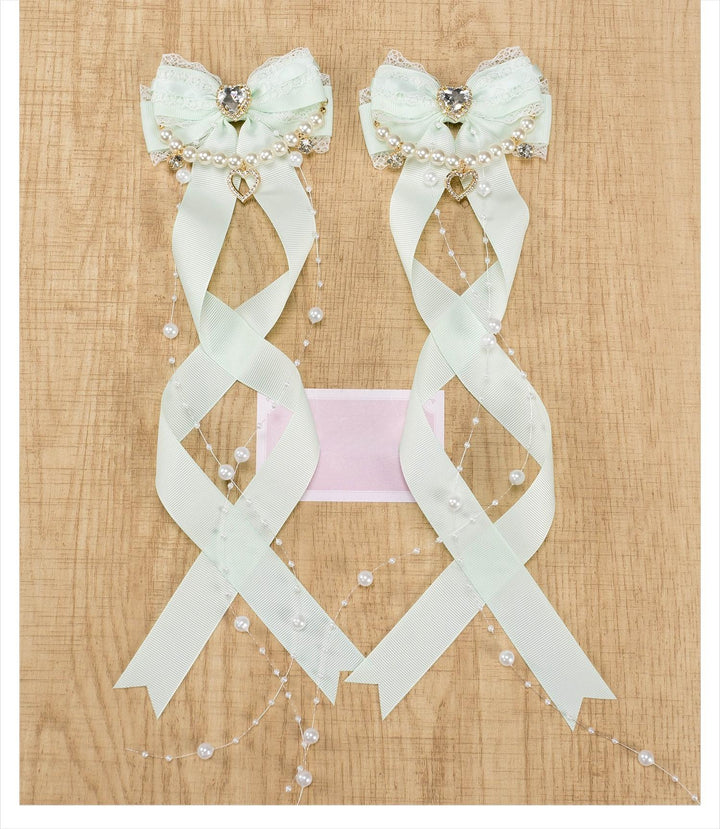 Jirai Kei Bow Hair Clip, Heart Rhinestone, Pearl Chain, Lace Trim (Pair) 43501:778531