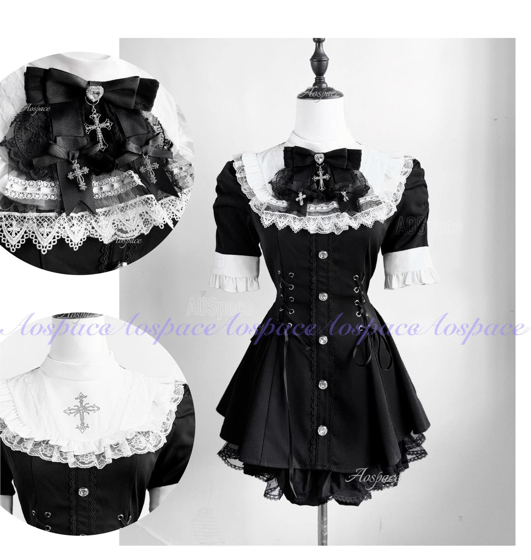 Short-sleeved Ryousangata Dress, Detachable Bowtie (L M S XL) 43823:786825