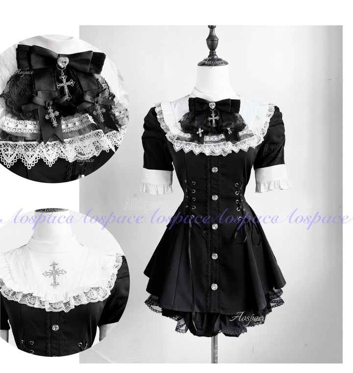 Short-sleeved Ryousangata Dress, Detachable Bowtie (L M S XL) 43823:786825