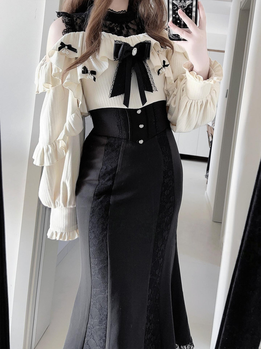 Seiso Kei Long Dress, Black & Beige Color Blocking 44785:828001