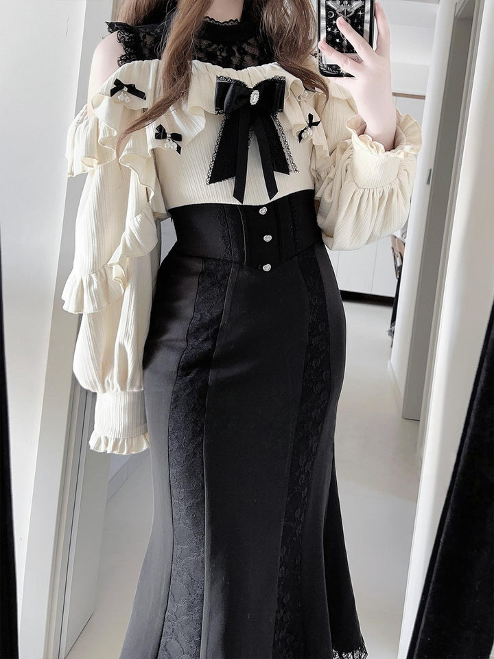 Seiso Kei Long Dress, Black & Beige Color Blocking 44785:828001