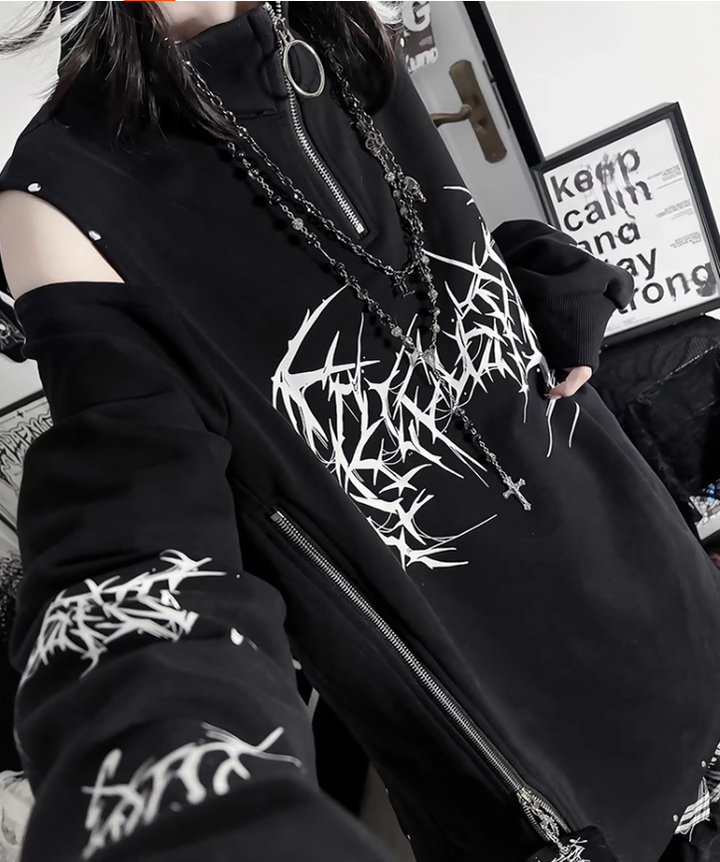 Subculture Cotton Sweatshirt, Open-Shoulder 43874:789275