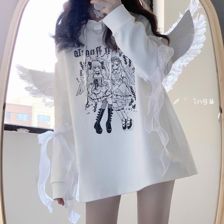 Jirai Kei Hoodie Black Top Angel Printed Hoodie Lace Up (M S / White) 37572:563116 (M S / White) 37572:563116