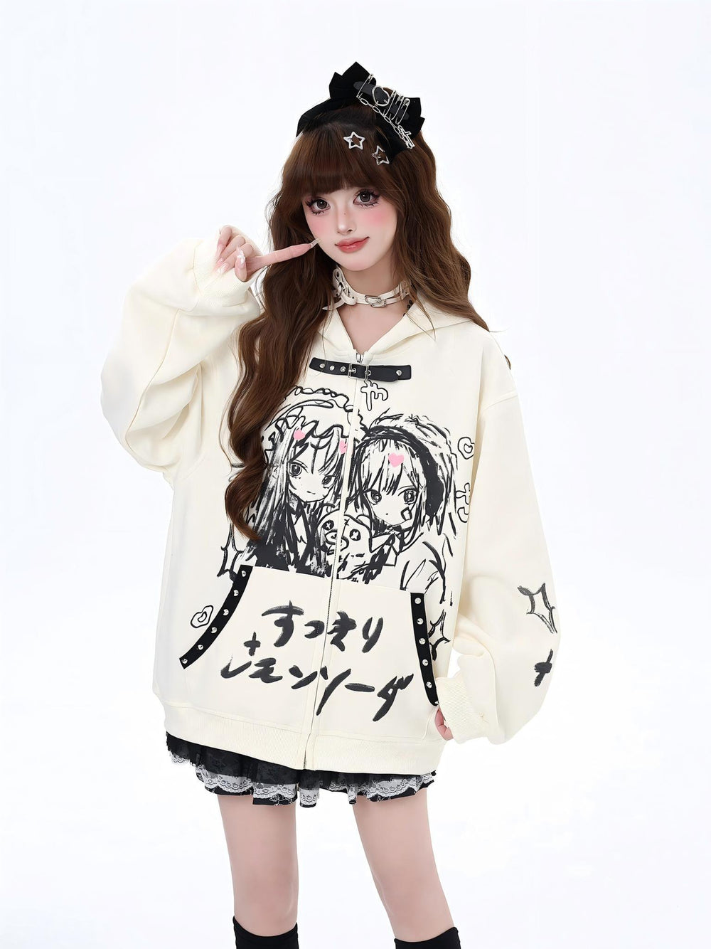 Plus Size Jirai Kei Coat Dark Comic Print Autumn Hoodie (L M S / Apricot) 39404:627210