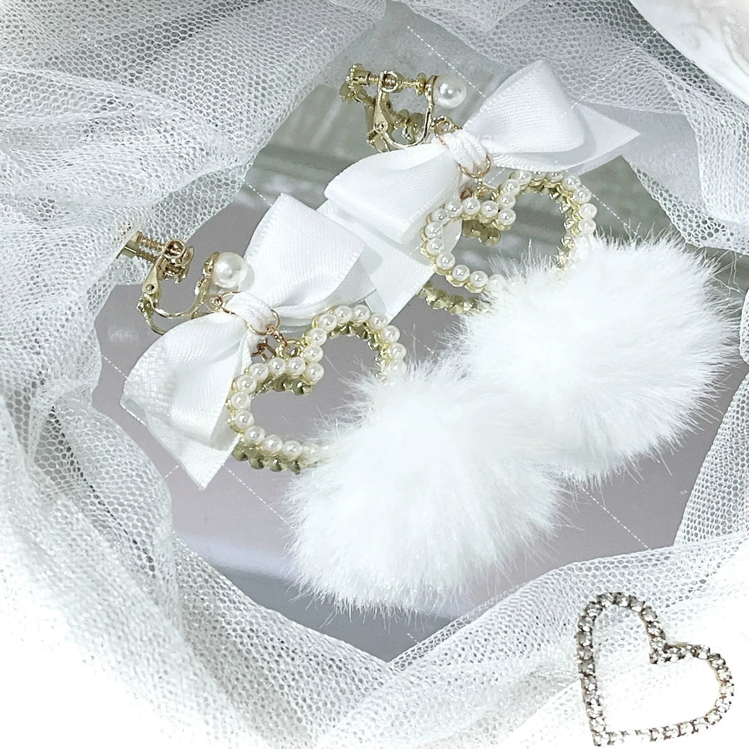 Jirai Kei Heart-shaped Earrings, Fluffy Pom-pom & Bow Accents 45694:860107