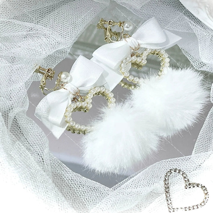 Jirai Kei Heart-shaped Earrings, Fluffy Pom-pom & Bow Accents 45694:860107