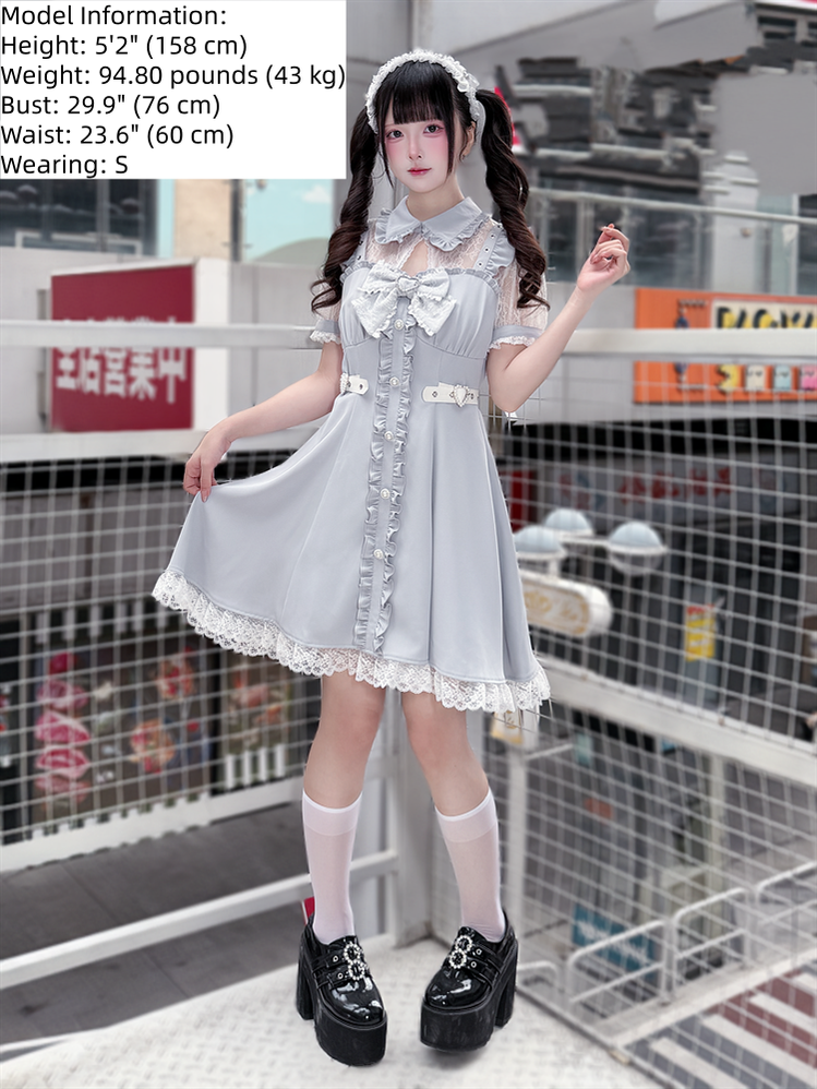 Dusty Blue Ryousangata High Waist Dress, Upper Lace Panel 45574:856216