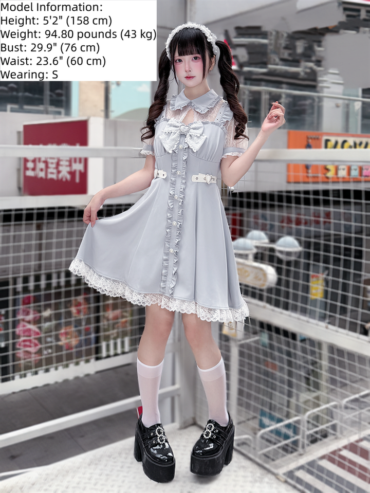 Dusty Blue Ryousangata High Waist Dress, Upper Lace Panel 45574:856216