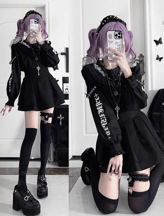 Black/White Jirai Kei Blouse with Skull Print & Peter Pan Collar 42861:758990