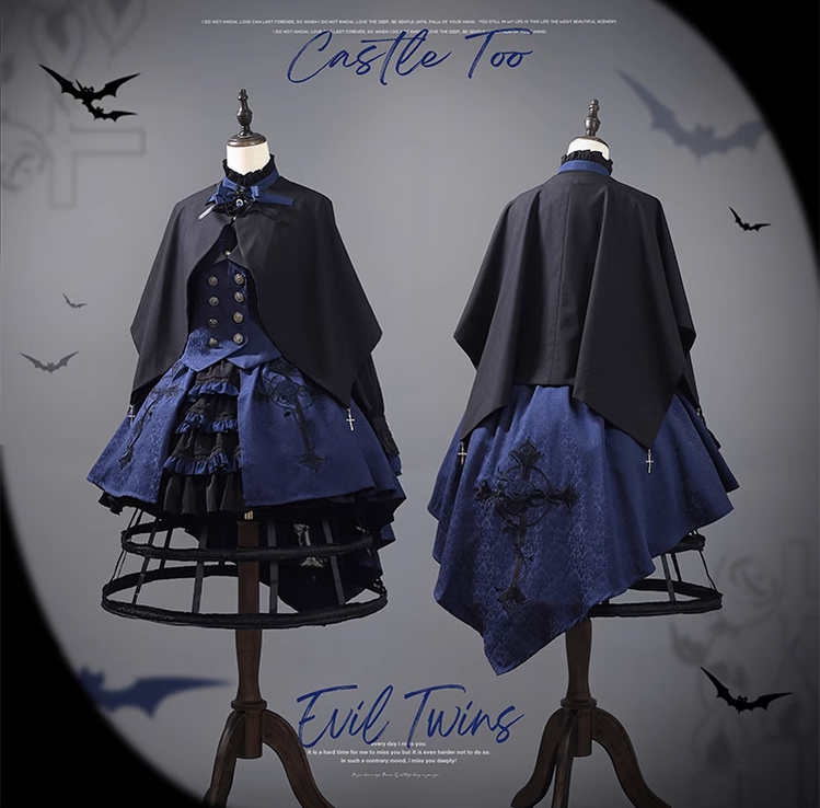 Ouji Lolita Prince Outfit Navy Blue Lolita Blouse Skirt Set 39360:633348