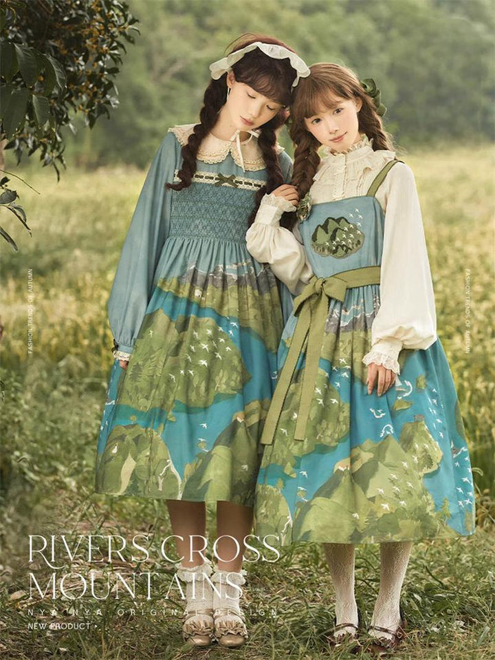 Lolita Dress Rivers Cross Mountains Print Lolita Dress Set 39412:627162